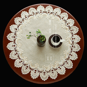 唯米9957简约现代素麻棉蕾丝镂空圆桌垫隔热餐垫茶杯垫圆形小桌布