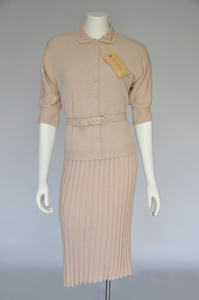 vintage 古着 雅致米粉色羊毛针织连衣裙短袖开衫束腰带两件套