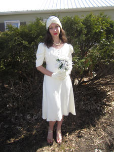vintage古着 白色绉纱婚纱礼服+头巾帽+手套+项链套装 成套出售