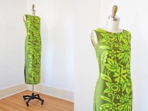 vintage 复古着 全新橄榄绿色夏威夷风情印花盘扣旗袍礼服连衣裙
