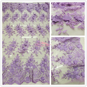 3D立体花朵 绣花朵蕾丝刺绣布料 紫色 网纱刺绣 连衣裙晚礼服面料