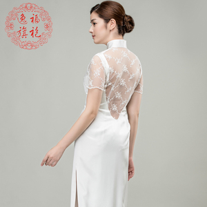 逸福旗袍高级定制真丝双绉新娘中式晚宴礼服白色蕾丝改良旗袍长款