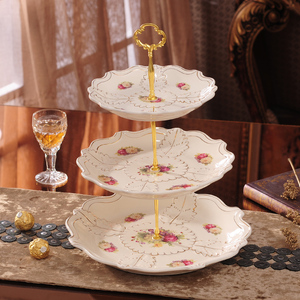 欧式象牙瓷干果盘描金点心盘两三层水果篮串盘陶瓷蛋糕点心架摆件