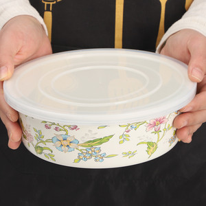 欧丽家搪瓷中式珐琅带盖碗厚实搪瓷冷藏密封碗保鲜碗冰箱碗花卉图