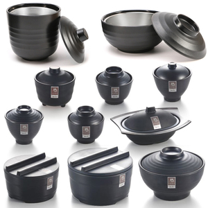 黑色磨砂仿瓷日韩式料理店味増汤碗带盖汤盅木桶饭碗餐具快餐汤碗