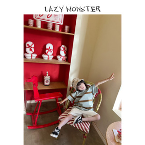 懒懒怪兽lazy monster浅灰蓝棕条纹亲子短袖纯白短裤