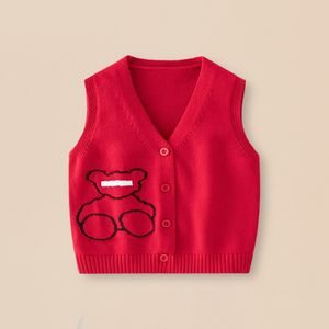 婴儿红色毛衣马甲针织开衫春秋款儿童男童宝宝纯棉无袖背心马夹