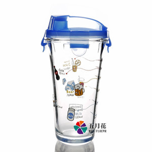 定制韩国风情旅行杯 450ML Water glass  时尚带刻度密封玻璃水杯