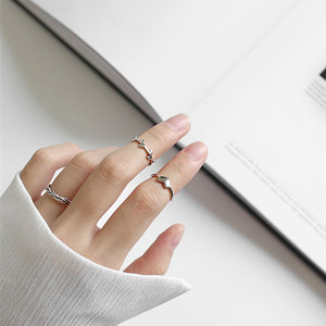 韩版S925个性麻花树叶心形开口装饰戒指套装组合关节戒女指环尾戒