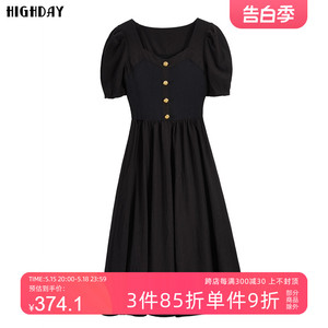 highday轩日2024夏季新款法式修身女裙小黑裙针织拼接短袖连衣裙