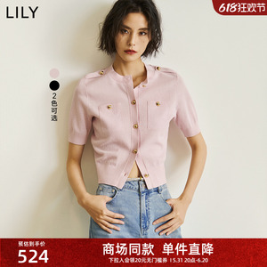【商场同款】LILY2024夏新款女装复古小香风修身短款短袖针织开衫
