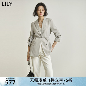 LILY2024春新款女装气质设计感腰带复古纯色通勤款休闲西装外套女