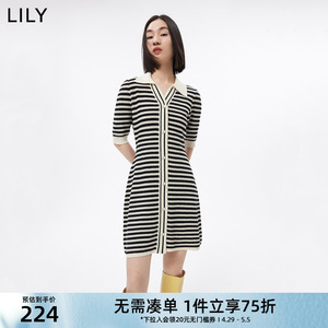 LILY新款女装复古撞色条纹优雅气质修身中长新款针织连衣裙小个子