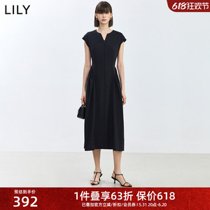 LILY2024夏新款女装设计感拼接时尚宽肩气质高腰修身连衣裙小黑裙