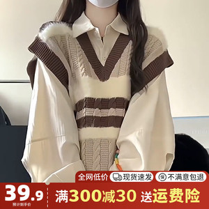 学院风条纹针织马甲女2024新款秋冬日系慵懒复古衬衫叠穿毛衣背心