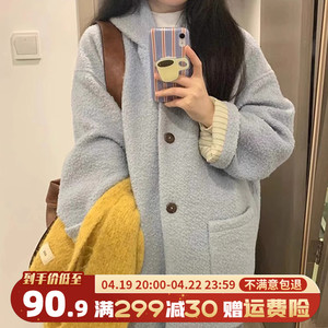 蓝色短款呢子大衣女秋冬2024新款高级感超好看小个子羊羔毛呢外套