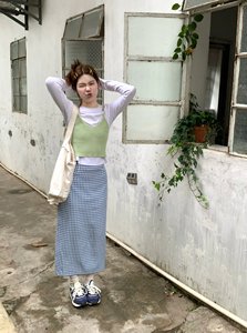 韩国新款学院风撞色格子半身裙女春季百搭减龄包臀中长款直筒裙子