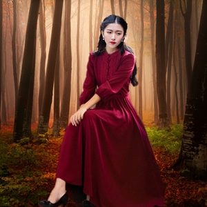 秋季新款款款女装清新红色连衣裙加厚大摆复古长裙春季款礼服