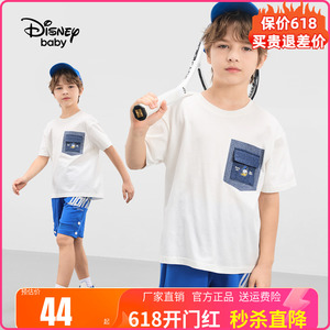 迪士尼童装男童白色短袖T恤儿童夏季体恤衫中大童纯棉薄款上衣T桖