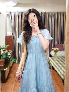 蓝色连衣裙夏法式高级感温柔甜美花苞袖宽松显瘦小个子荷叶边长裙