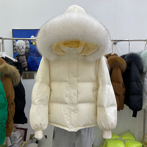 短款羽绒服女2022年冬季新款韩版宽松大毛领针织袖小个子加厚外套
