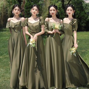 绿色伴娘服2024新款夏季缎面姐妹团礼服长裙闺蜜裙平时可穿高级感