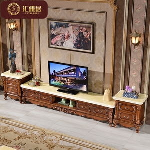 欧式天然大理石电视柜茶几组合 全实木雕花地柜仿古色客厅组合柜