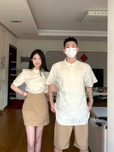 新中式情侣装夏季装ins超火短袖T恤法式连衣裙两件套男女一套衣服