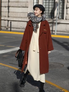 宽松加厚复古酒红色小个子大衣女2023冬季韩版中长款新款毛呢外套