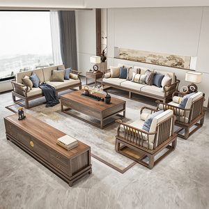 新中式实木沙发组合现代大小户型客厅禅意会所样板房定制家具