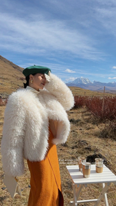 (黑标系列)羊滩毛重工复合麂皮绒外套女冬季仿皮草皮毛一体短外套