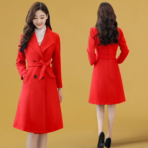 红色呢子大衣2023年新款女装冬季中长款秋冬爆款加厚毛呢外套套装