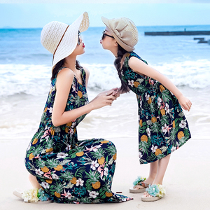 2024夏季韩版女童连衣裙纯棉潮衣公主裙洋气亲子装母女装棉绸沙滩