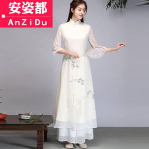 中国风复古中式禅茶服女春夏禅意古琴古筝演出服旗袍改良版连衣裙