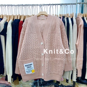 韩版 knit &co 正品【knit&co】口袋麻花织纹针织开衫外套女86358