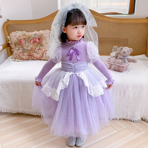 儿童毛衣连衣裙秋冬装新款洋气纱纱裙紫色礼服长裙女童公主裙