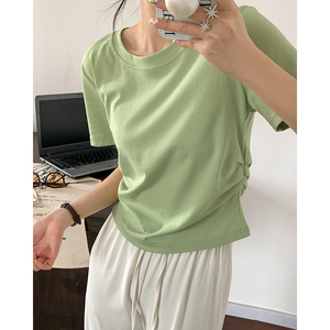薄荷绿褶皱设计感正肩T恤女夏季辣妹修身短款短袖打底衫白色上衣