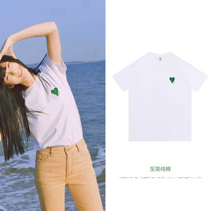 至简纯棉 2022年夏季新款绿色英文字母爱心图案圆领白色短袖T恤女