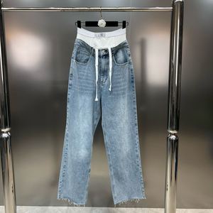 柚子MM2024年春季拼接字母内裤直筒显瘦减龄百搭高腰假两件牛仔裤