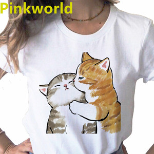 Cat T-shirt可爱甜美卡通猫咪图案印花圆领休闲短袖T恤女上衣潮