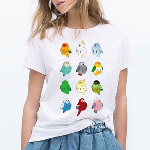 cute cartoon parrot可爱卡通鹦鹉图案可爱休闲白色大码圆领T恤女