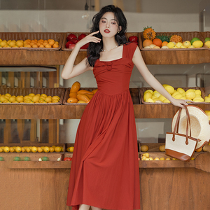 法式复古方领礼服裙小个子气质显瘦红色连衣裙高级感夏季中长裙子