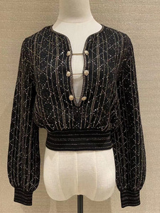 2020年早秋新款黑色镶金线套头针织毛衣女重工设计感上衣