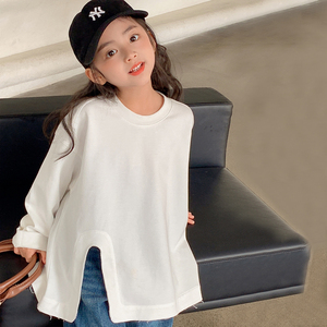 女童长袖T恤2024新款儿童不规则宽松洋气韩版女孩上衣白色打底衫