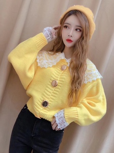 沫小依家 2024春季新款韩版甜美气质亮黄色宽松针织开衫外套女潮