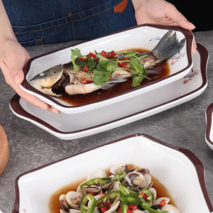 创意密胺双耳盘长方形鱼盘特色干锅菜盘子焗饭盘仿瓷塑料餐具商用
