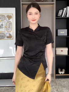新中式国风旗袍领黑色上衣女2023夏款复古盘扣不规则印花短袖衬衫