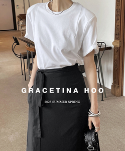GRACETINA HOO原创设计感解构线条垫肩微宽松纯色全棉短袖T恤女潮