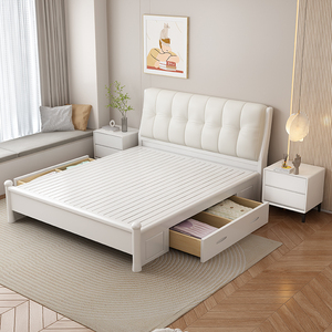 实木床1.2米 儿童床1.35 软靠白色单人床1.5 1.8m抽屉储物主卧床