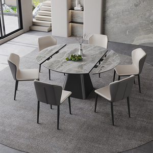 轻奢亮光岩板餐桌可旋转伸缩折叠圆桌方圆两用家用小户型变形桌子